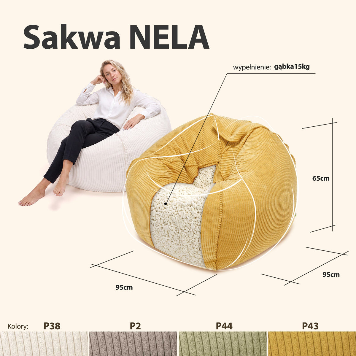 Sakwa Nela MOOD – wymiary, wypełnienie z gąbki 15 kg i dostępne kolory sztruksu P38, P2, P44, P43