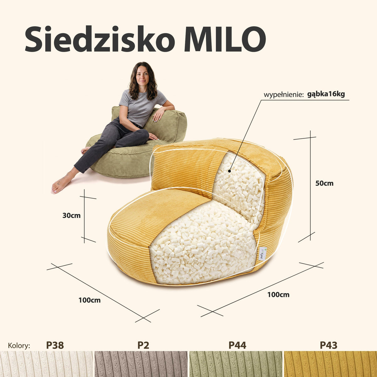Siedzisko Milo MOOD – wymiary, wypełnienie z gąbki 16 kg i dostępne kolory sztruksu P38, P2, P44, P43
