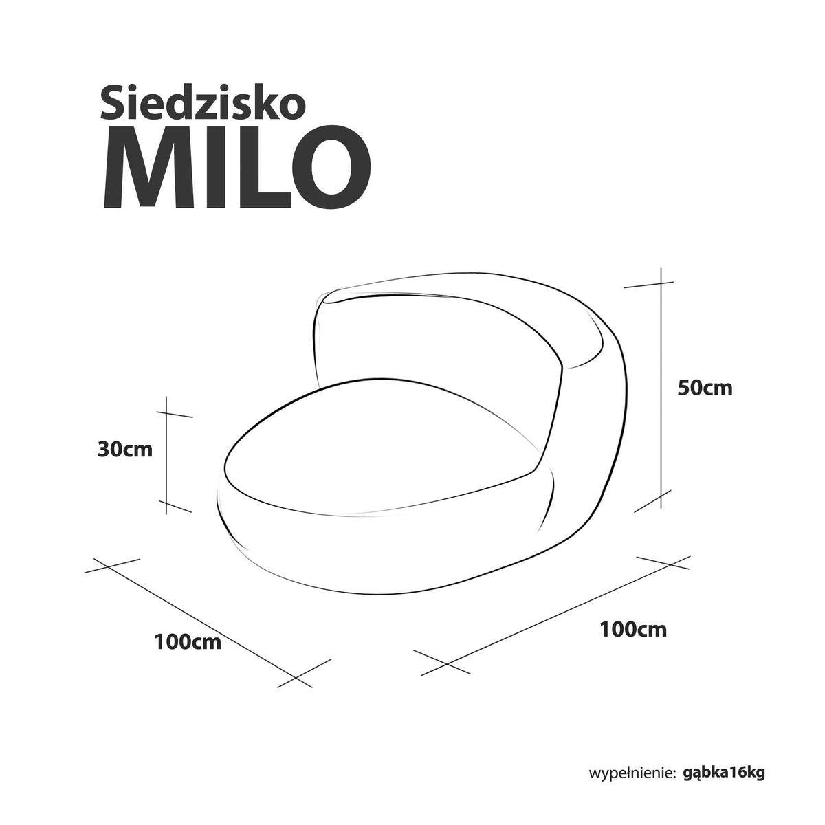 Siedzisko Milo MOOD – infografika z wymiarami: 100 x 100 x 50 cm, siedzisko 30 cm
